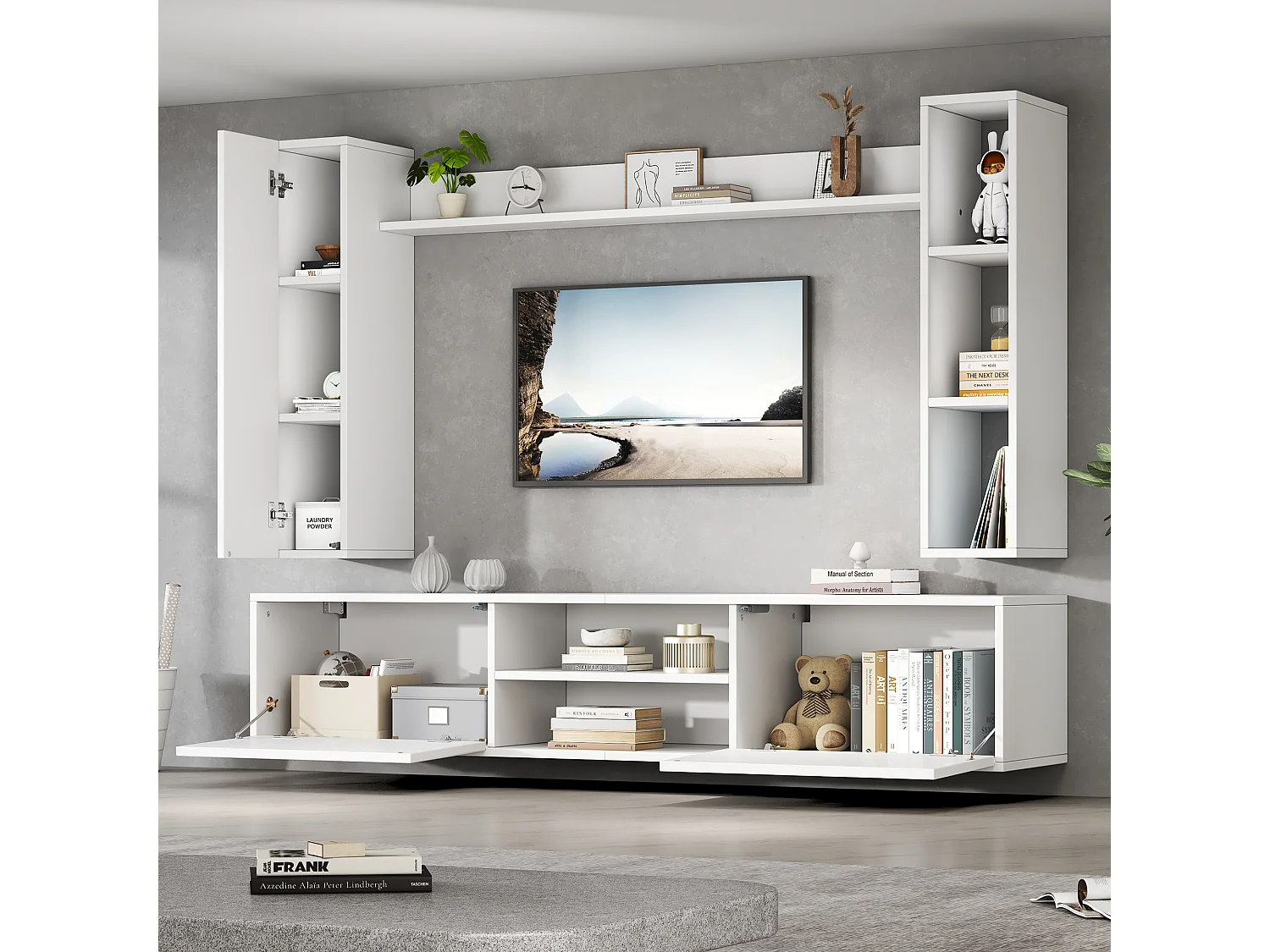 Conjunto de móvel para TV 4 peças - móvel para TV + 2 móveis de parede + prateleira de parede - 1 porta e 2 portas basculantes - branco