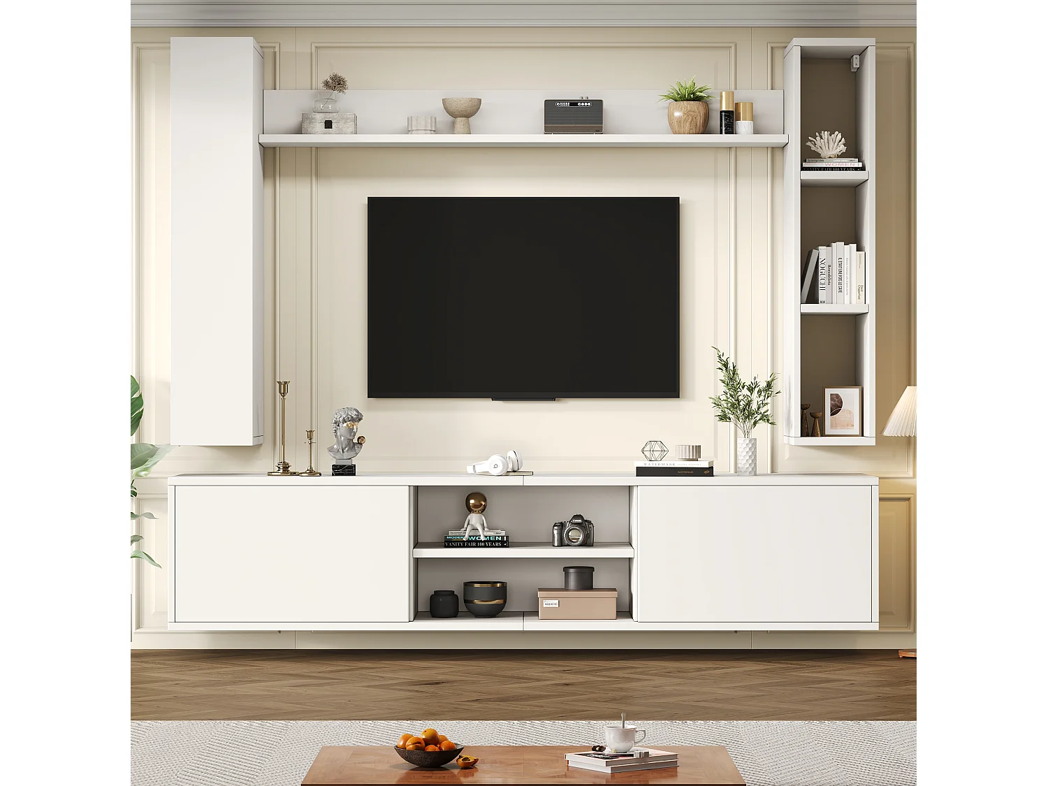 Conjunto de móvel para TV 4 peças - móvel para TV + 2 móveis de parede + prateleira de parede - 1 porta e 2 portas basculantes - branco
