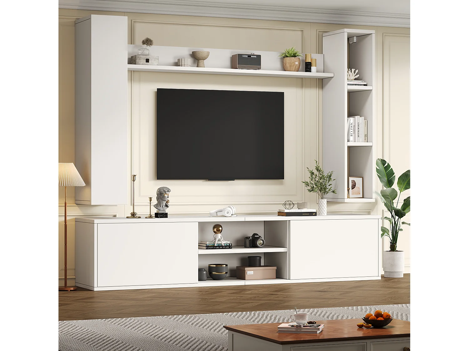Conjunto de móvel para TV 4 peças - móvel para TV + 2 móveis de parede + prateleira de parede - 1 porta e 2 portas basculantes - branco