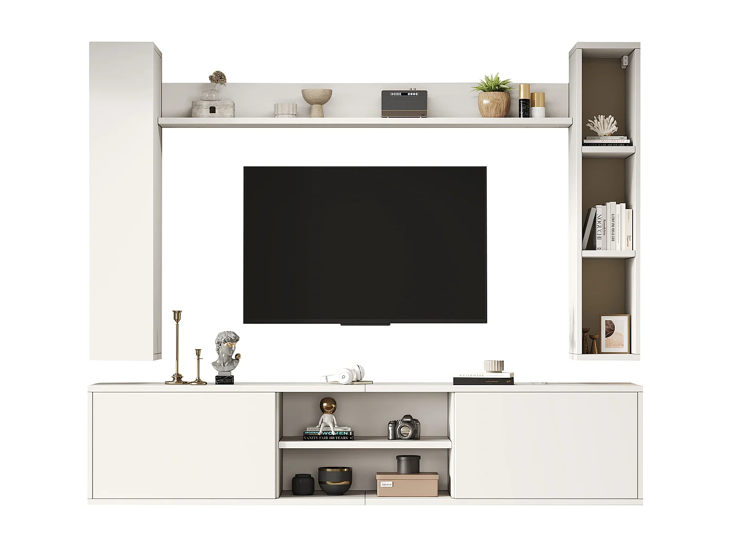 Conjunto de móvel para TV 4 peças - móvel para TV + 2 móveis de parede + prateleira de parede - 1 porta e 2 portas basculantes - branco
