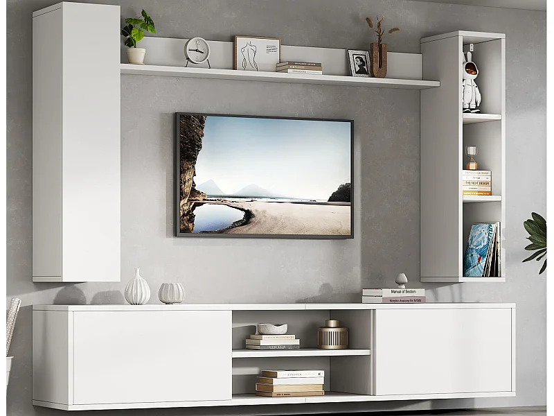 Conjunto de móvel para TV 4 peças - móvel para TV + 2 móveis de parede + prateleira de parede - 1 porta e 2 portas basculantes - branco