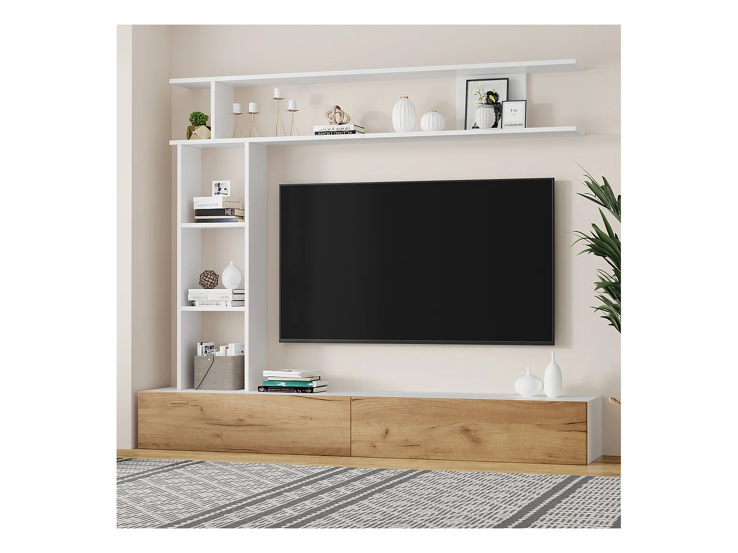 TV-meubel set 3-delig – TV-meubel + verticale plank + wandplank – 2 valluiken - wit en naturel