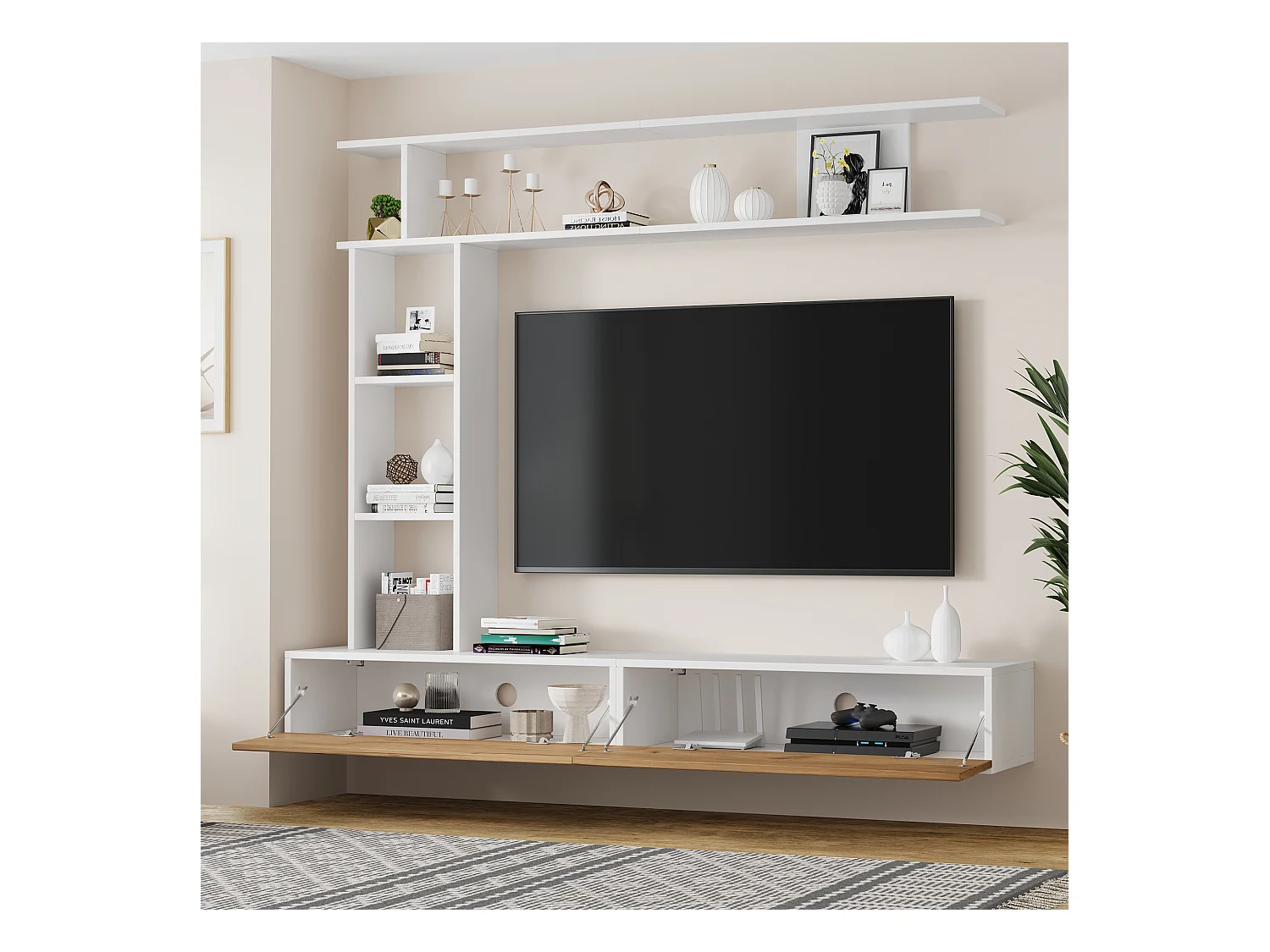 TV-meubel set 3-delig – TV-meubel + verticale plank + wandplank – 2 valluiken - wit en naturel