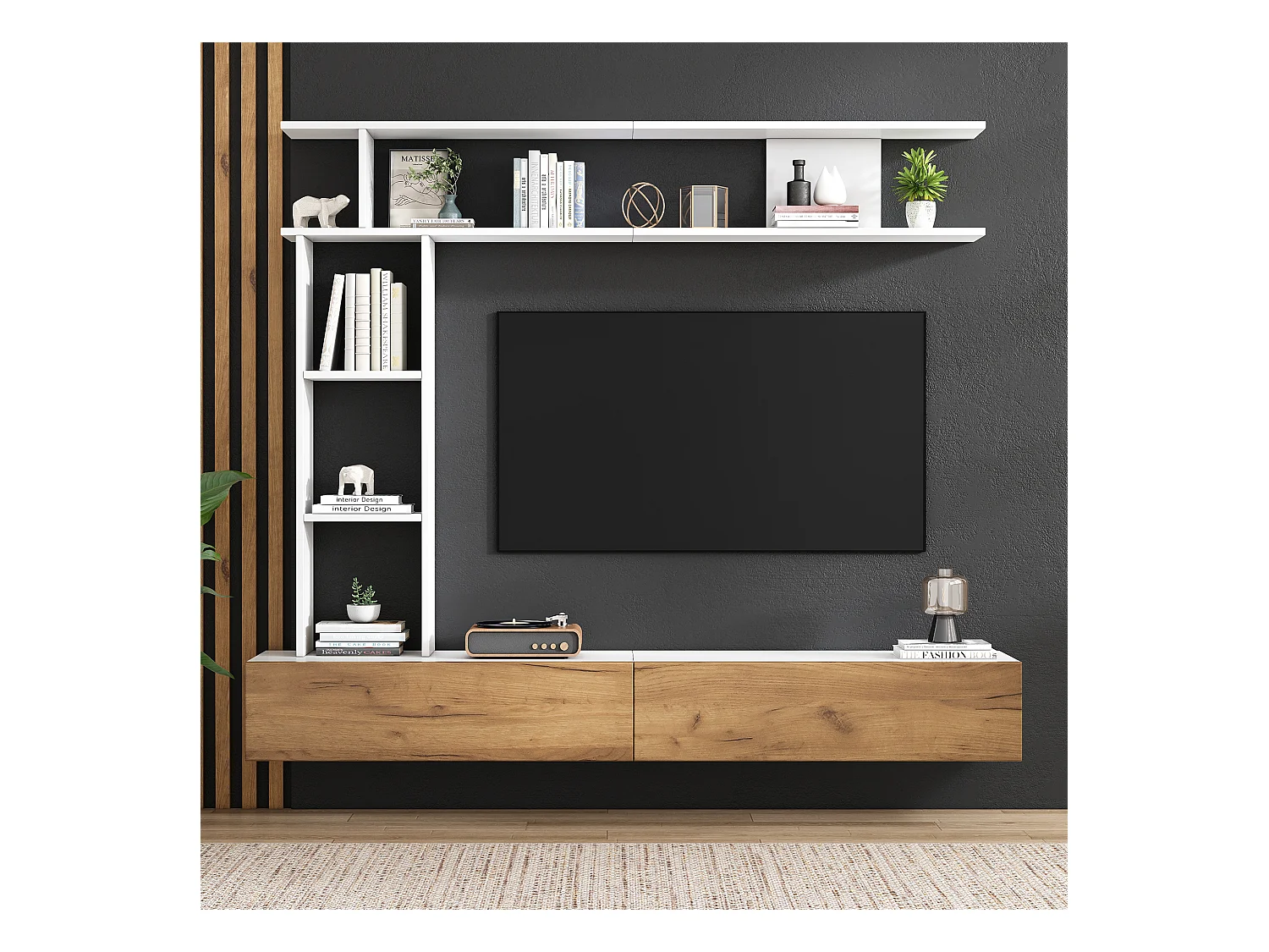 TV-meubel set 3-delig – TV-meubel + verticale plank + wandplank – 2 valluiken - wit en naturel