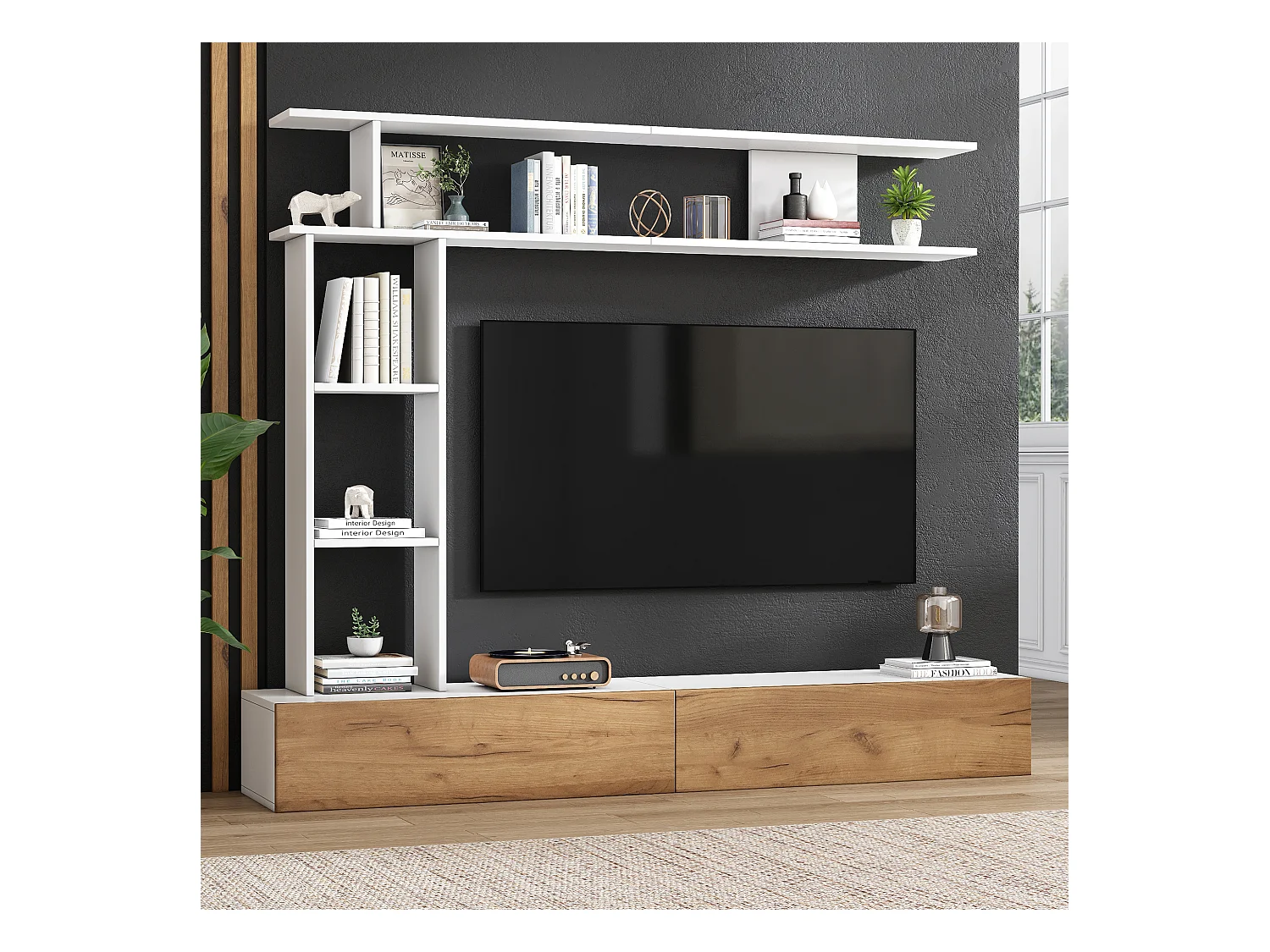 TV-meubel set 3-delig – TV-meubel + verticale plank + wandplank – 2 valluiken - wit en naturel