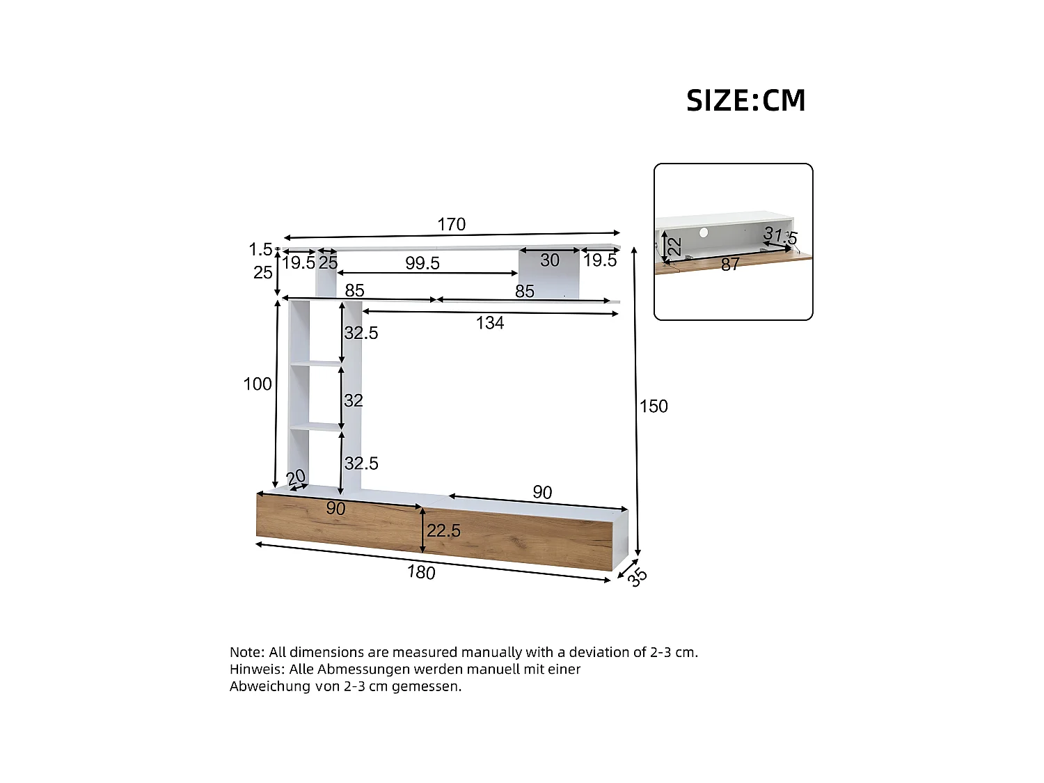 TV-meubel set 3-delig – TV-meubel + verticale plank + wandplank – 2 valluiken - wit en naturel