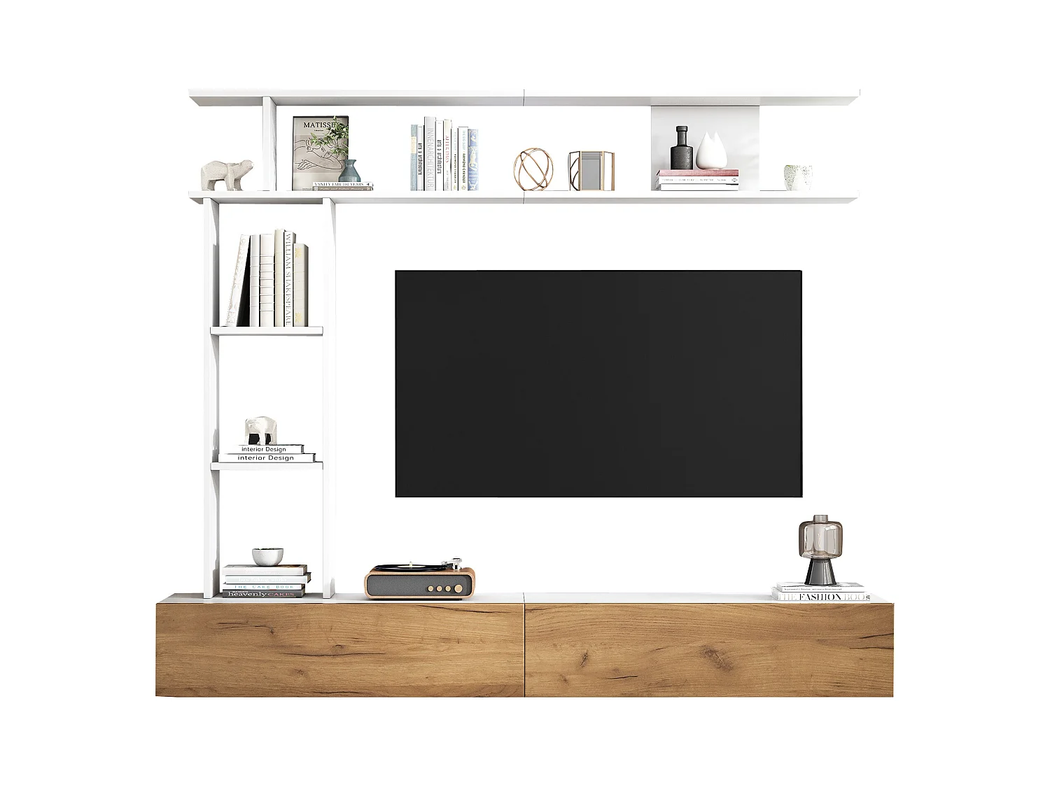 TV-meubel set 3-delig – TV-meubel + verticale plank + wandplank – 2 valluiken - wit en naturel