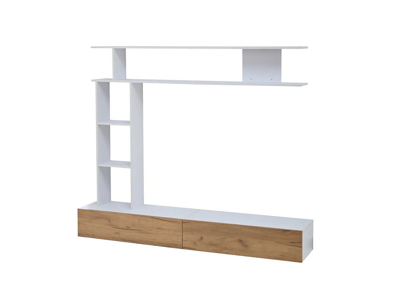 TV-meubel set 3-delig – TV-meubel + verticale plank + wandplank – 2 valluiken - wit en naturel