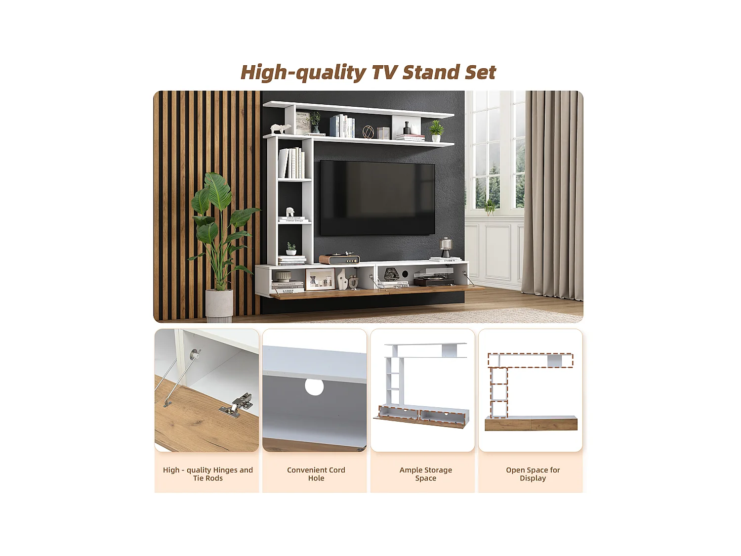 TV-meubel set 3-delig – TV-meubel + verticale plank + wandplank – 2 valluiken - wit en naturel