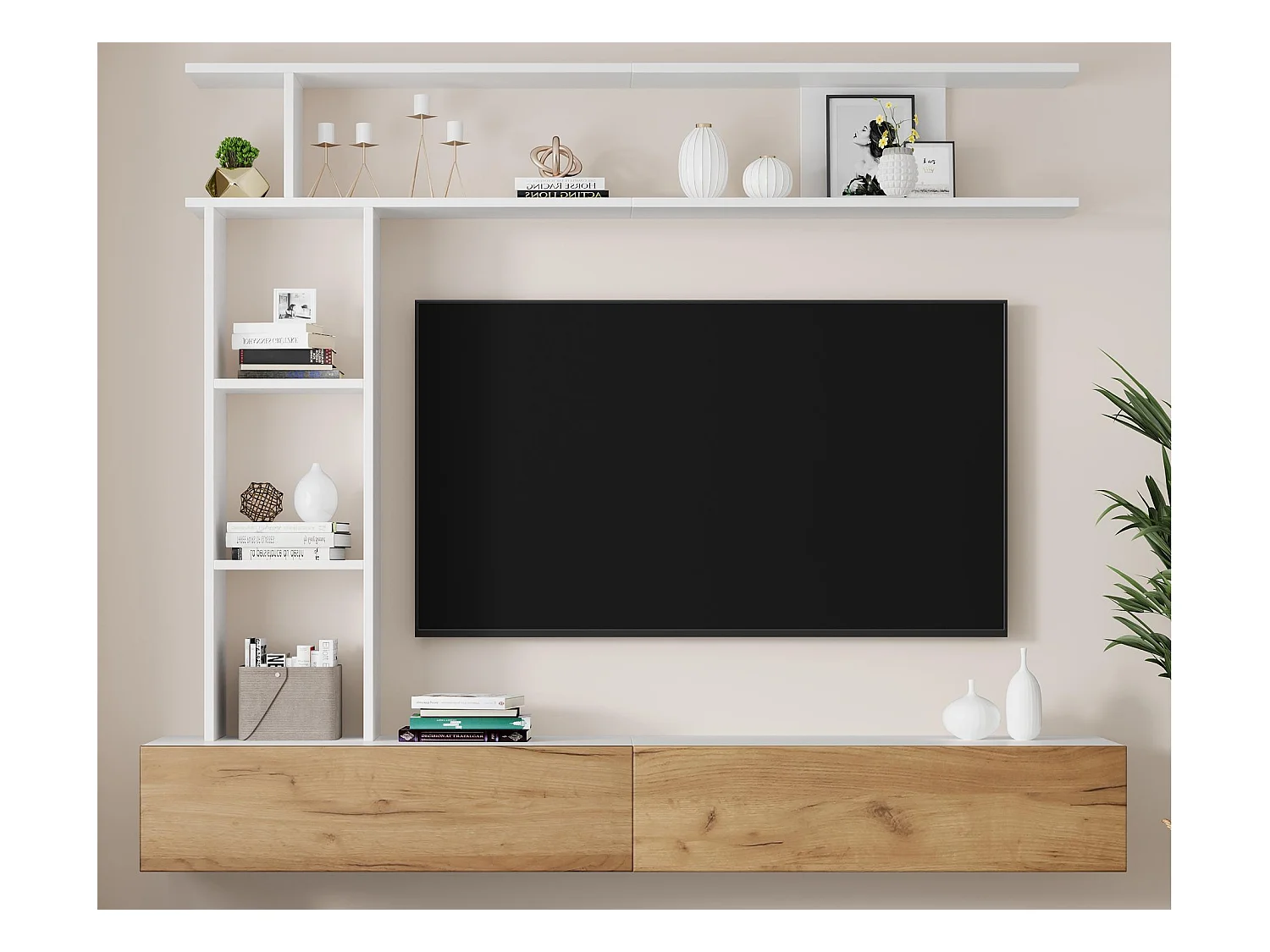 Ensemble meuble TV 3 pièces – meuble TV + étagère verticale + étagère murale – 2 portes abattantes - blanc et naturel
