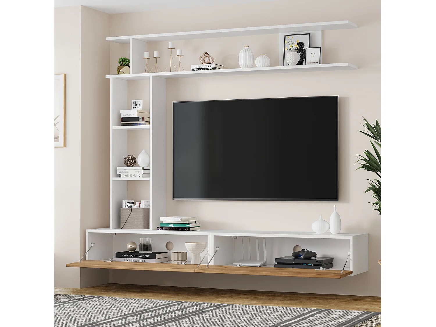 TV-meubel set 3-delig – TV-meubel + verticale plank + wandplank – 2 valluiken - wit en naturel