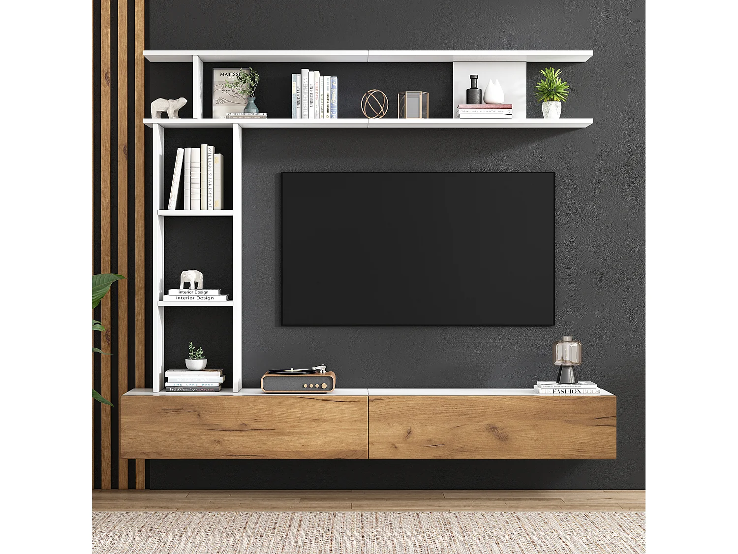 TV-meubel set 3-delig – TV-meubel + verticale plank + wandplank – 2 valluiken - wit en naturel