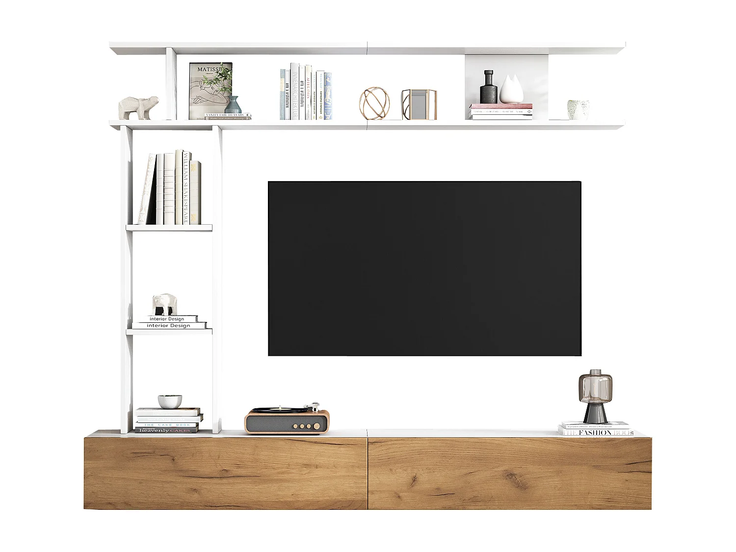 TV-meubel set 3-delig – TV-meubel + verticale plank + wandplank – 2 valluiken - wit en naturel