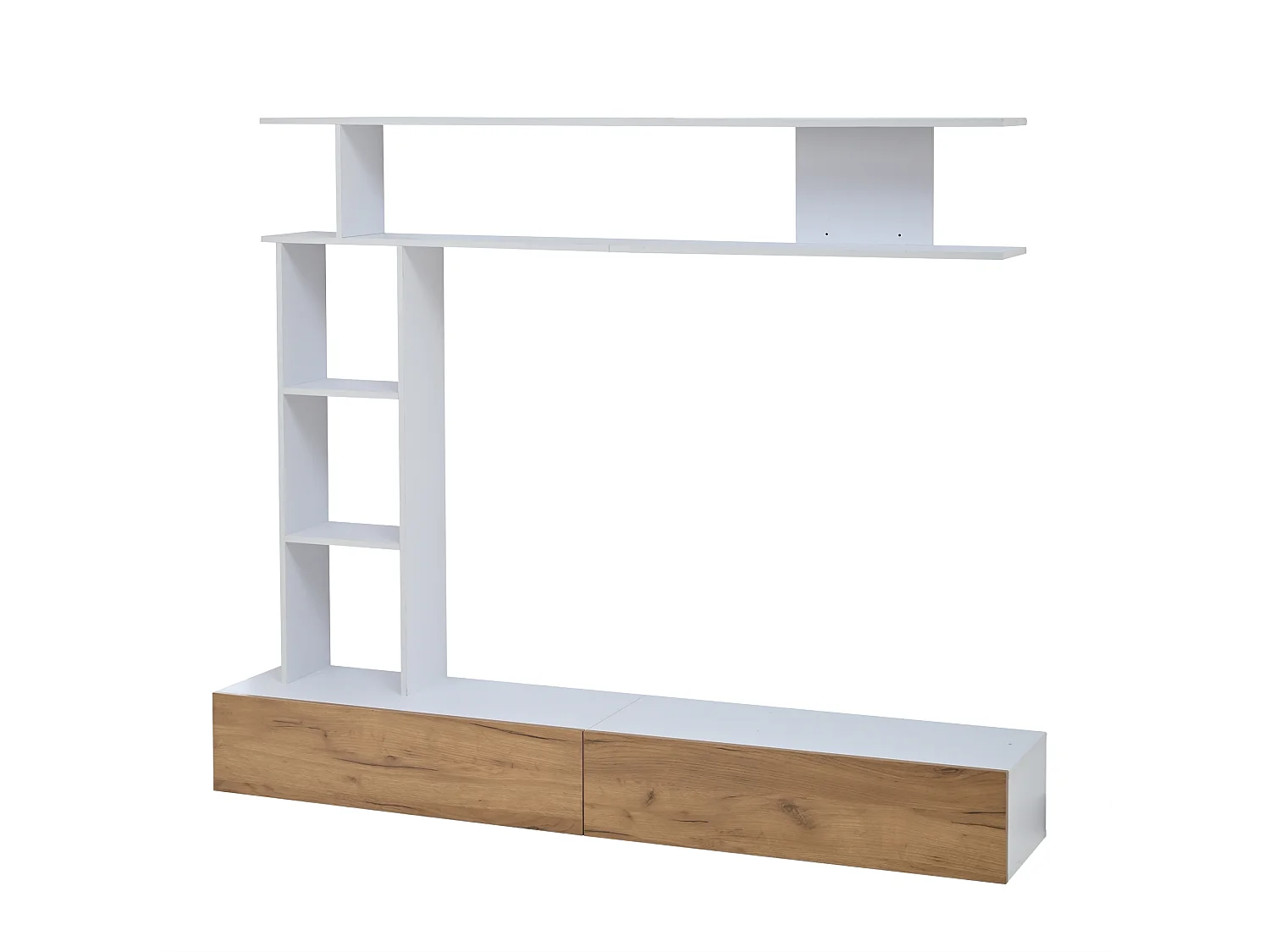 TV-meubel set 3-delig – TV-meubel + verticale plank + wandplank – 2 valluiken - wit en naturel