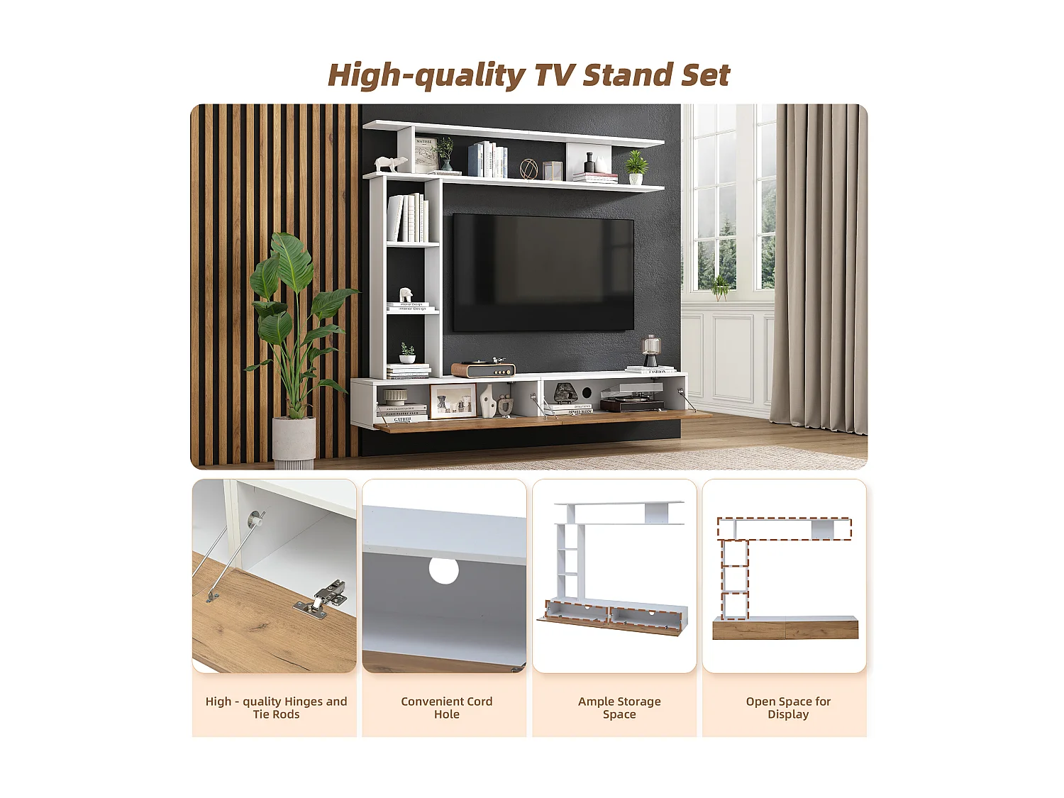 TV-meubel set 3-delig – TV-meubel + verticale plank + wandplank – 2 valluiken - wit en naturel