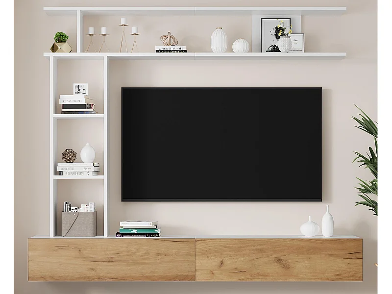 Ensemble meuble TV 3 pièces – meuble TV + étagère verticale + étagère murale – 2 portes abattantes - blanc et naturel