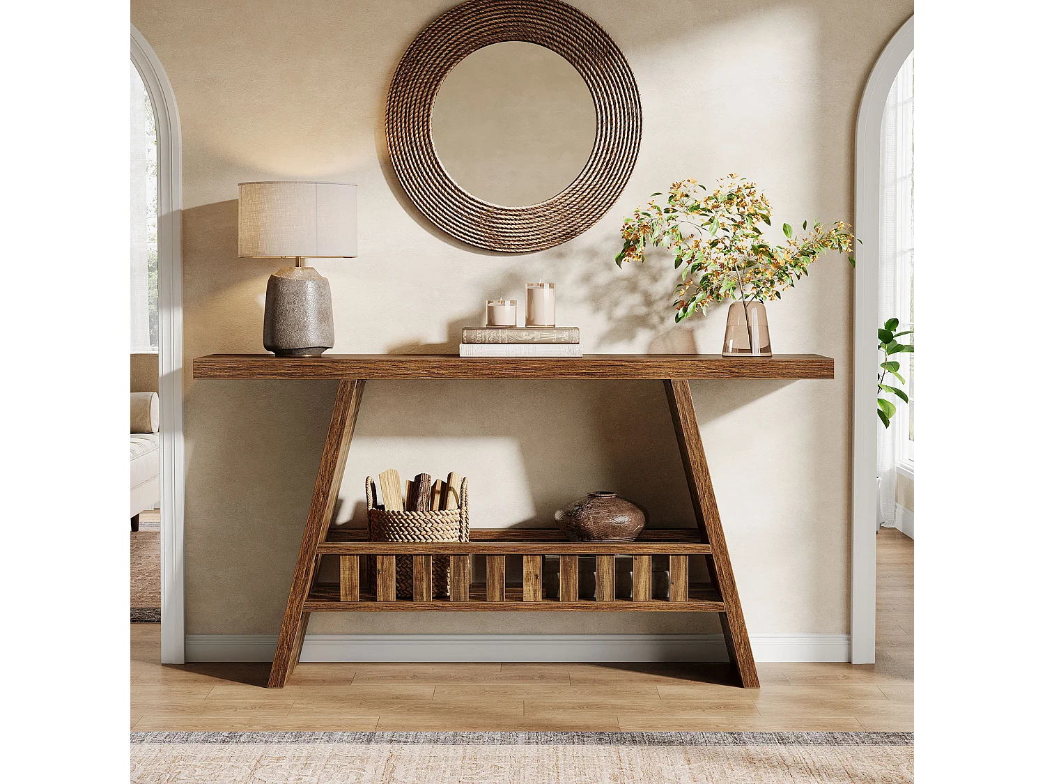 Konsola w stylu rustykalnym, 160 cm rustykalny stolik kawowy ze schowkiem, stolik w stylu industrialnym do przedpokoju