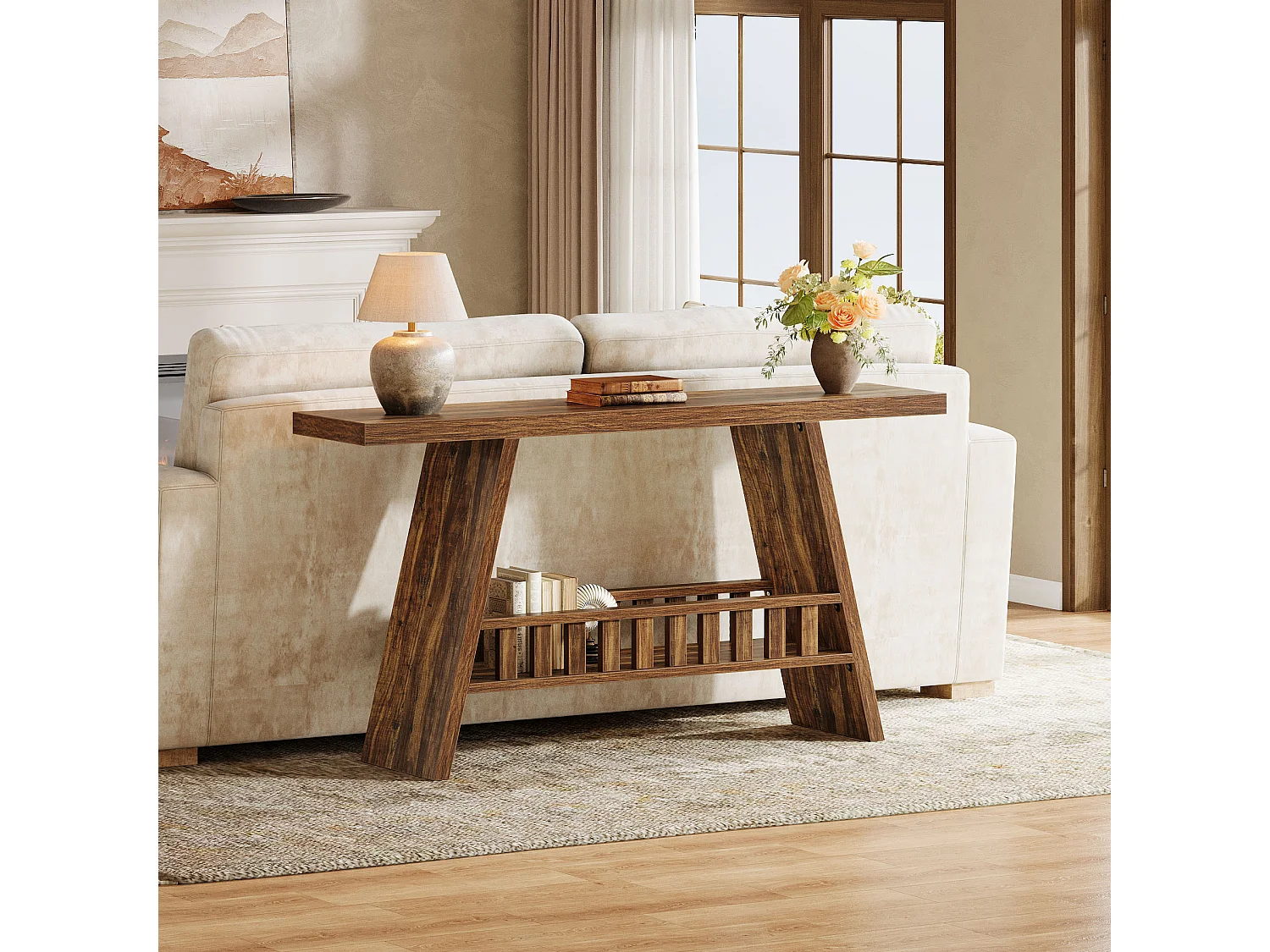 Konsola w stylu rustykalnym, 160 cm rustykalny stolik kawowy ze schowkiem, stolik w stylu industrialnym do przedpokoju