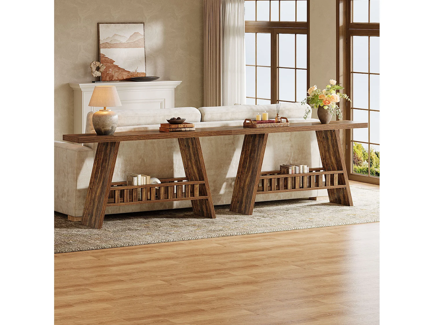 Konsola w stylu rustykalnym, 160 cm rustykalny stolik kawowy ze schowkiem, stolik w stylu industrialnym do przedpokoju