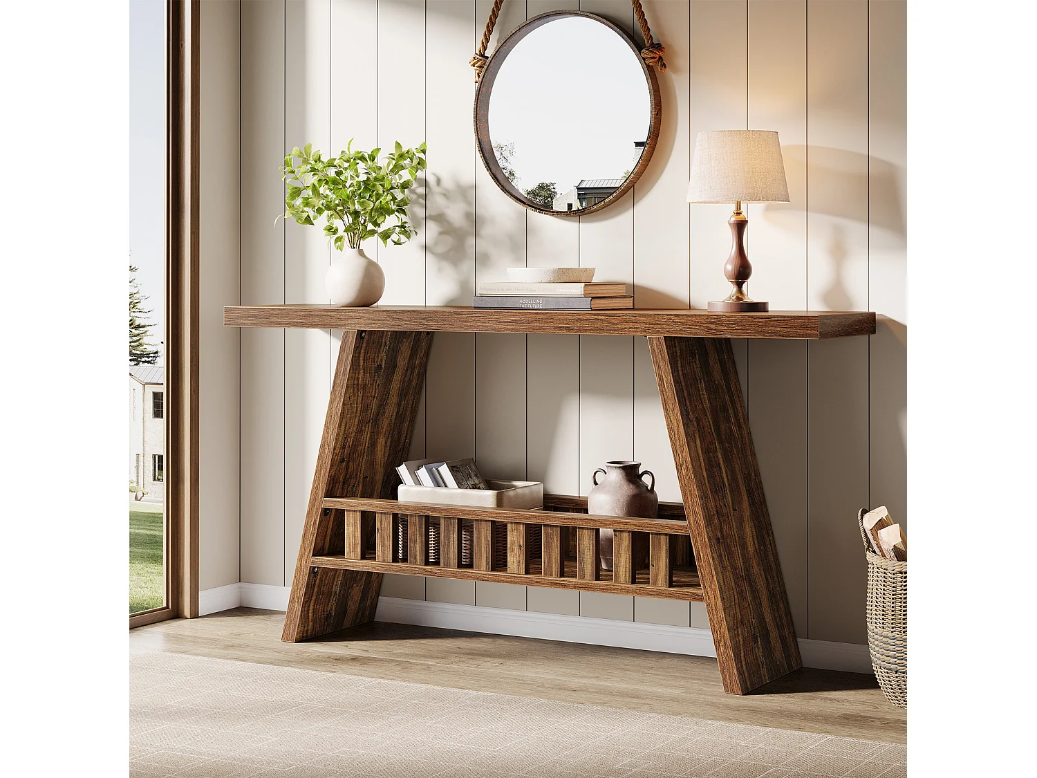 Konsola w stylu rustykalnym, 160 cm rustykalny stolik kawowy ze schowkiem, stolik w stylu industrialnym do przedpokoju