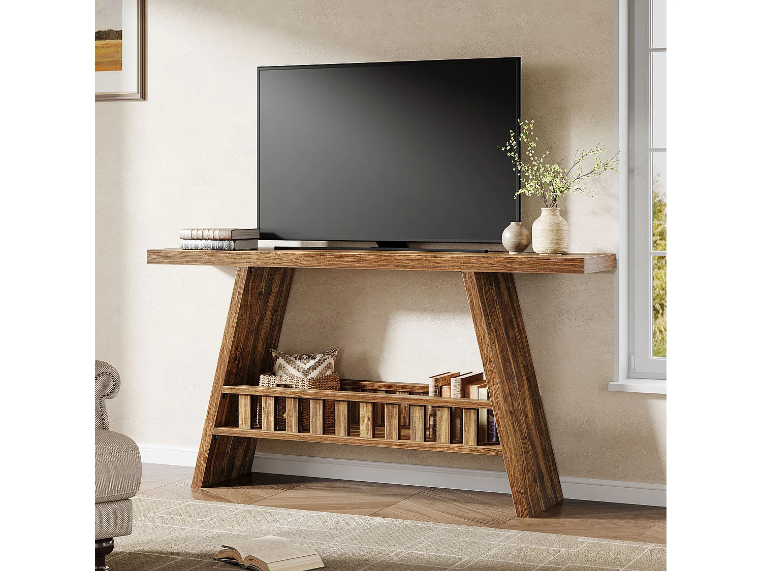 Konsola w stylu rustykalnym, 160 cm rustykalny stolik kawowy ze schowkiem, stolik w stylu industrialnym do przedpokoju