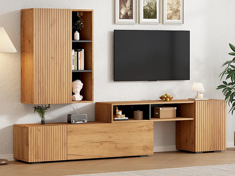 Zestaw mebli TV 2-częściowy - regulowane meble TV + meble ścienne - 4 drzwi - otwarte półki - naturalny+czarny