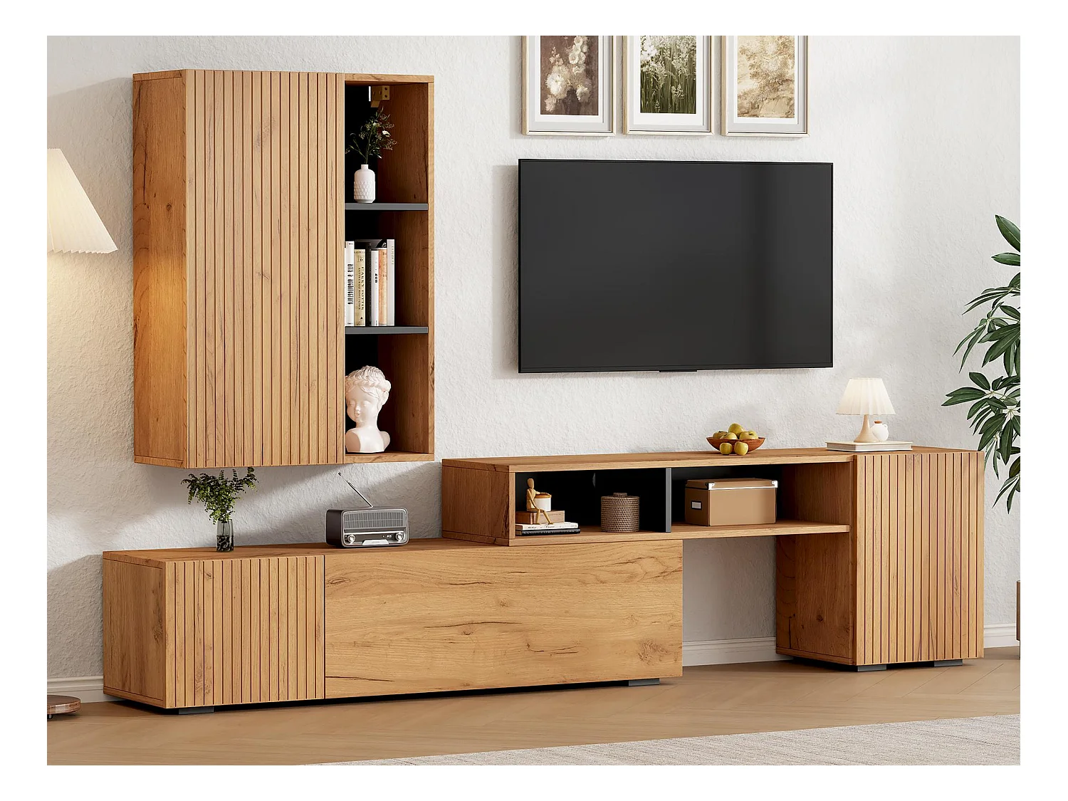 Ensemble meuble TV 2 pièces - meuble TV réglable + meuble mural - 4 porte - étagères ouvertes - naturel+noir