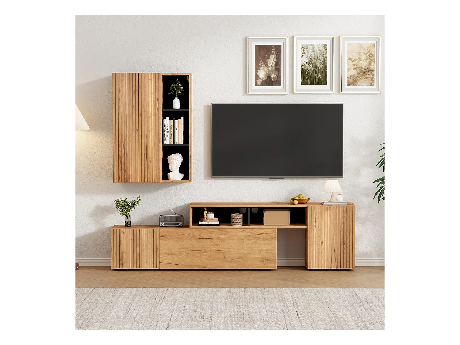 Ensemble meuble TV 2 pièces - meuble TV réglable + meuble mural - 4 porte - étagères ouvertes - naturel+noir