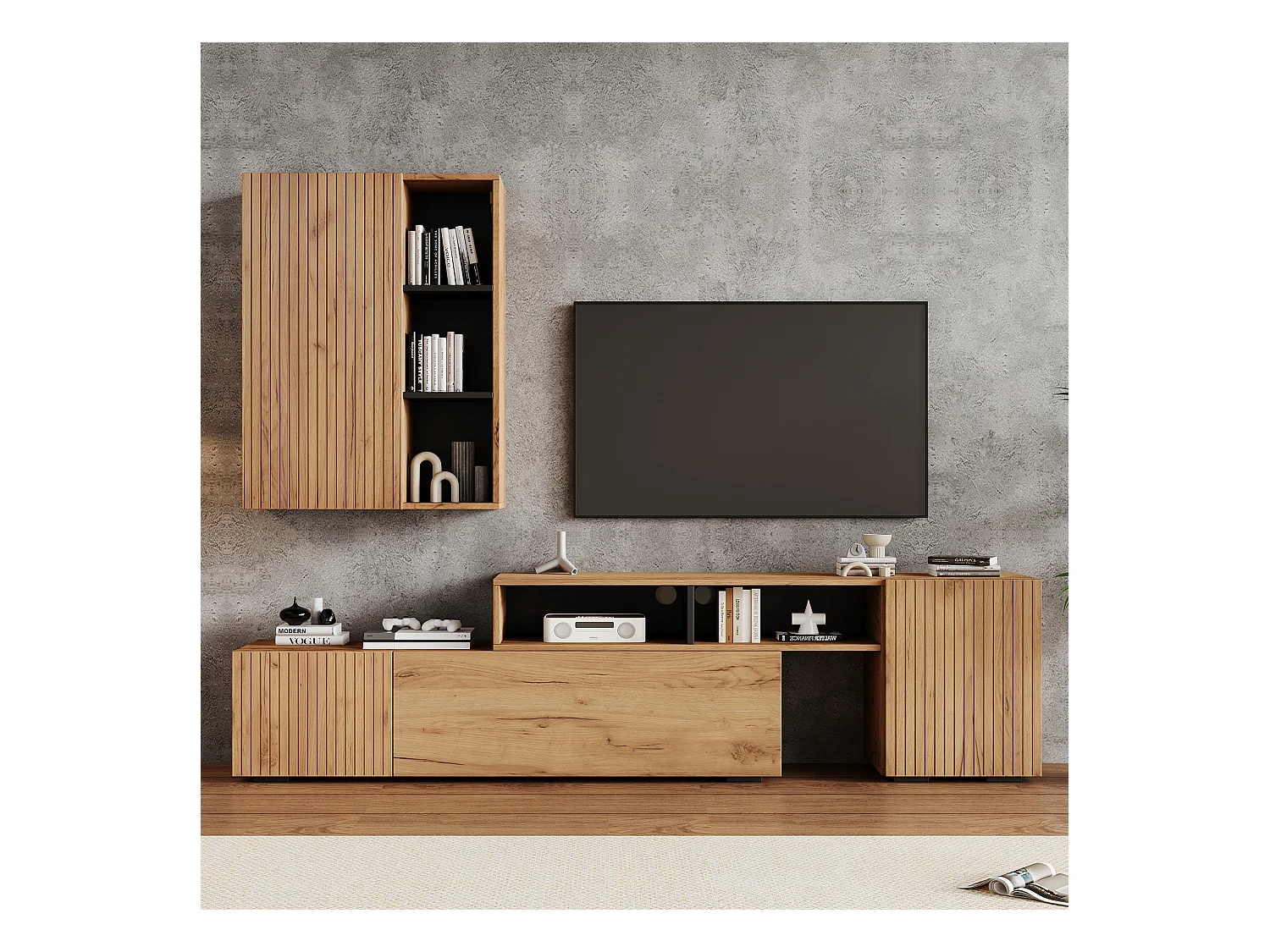 Ensemble meuble TV 2 pièces - meuble TV réglable + meuble mural - 4 porte - étagères ouvertes - naturel+noir