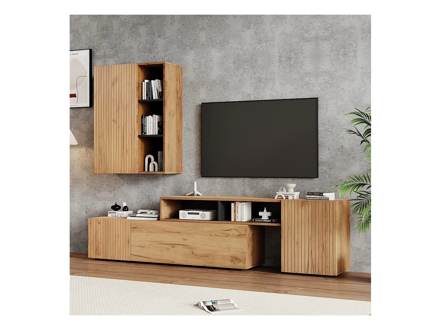 Ensemble meuble TV 2 pièces - meuble TV réglable + meuble mural - 4 porte - étagères ouvertes - naturel+noir