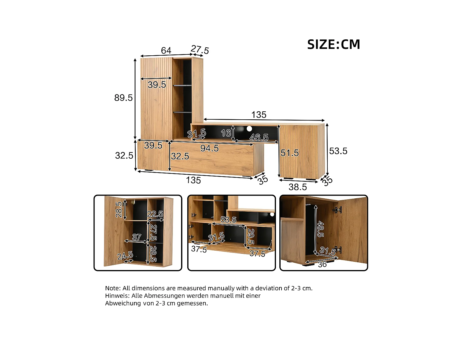 Ensemble meuble TV 2 pièces - meuble TV réglable + meuble mural - 4 porte - étagères ouvertes - naturel+noir