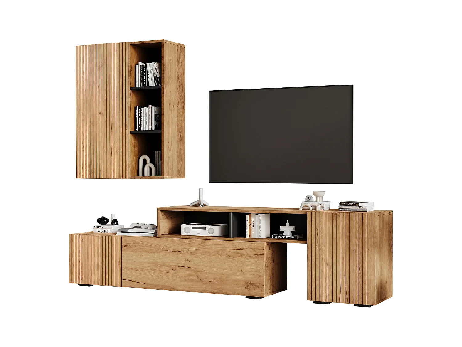 Ensemble meuble TV 2 pièces - meuble TV réglable + meuble mural - 4 porte - étagères ouvertes - naturel+noir