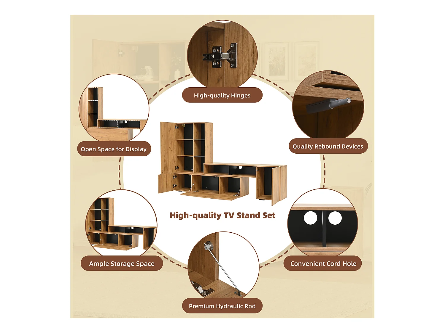 Ensemble meuble TV 2 pièces - meuble TV réglable + meuble mural - 4 porte - étagères ouvertes - naturel+noir