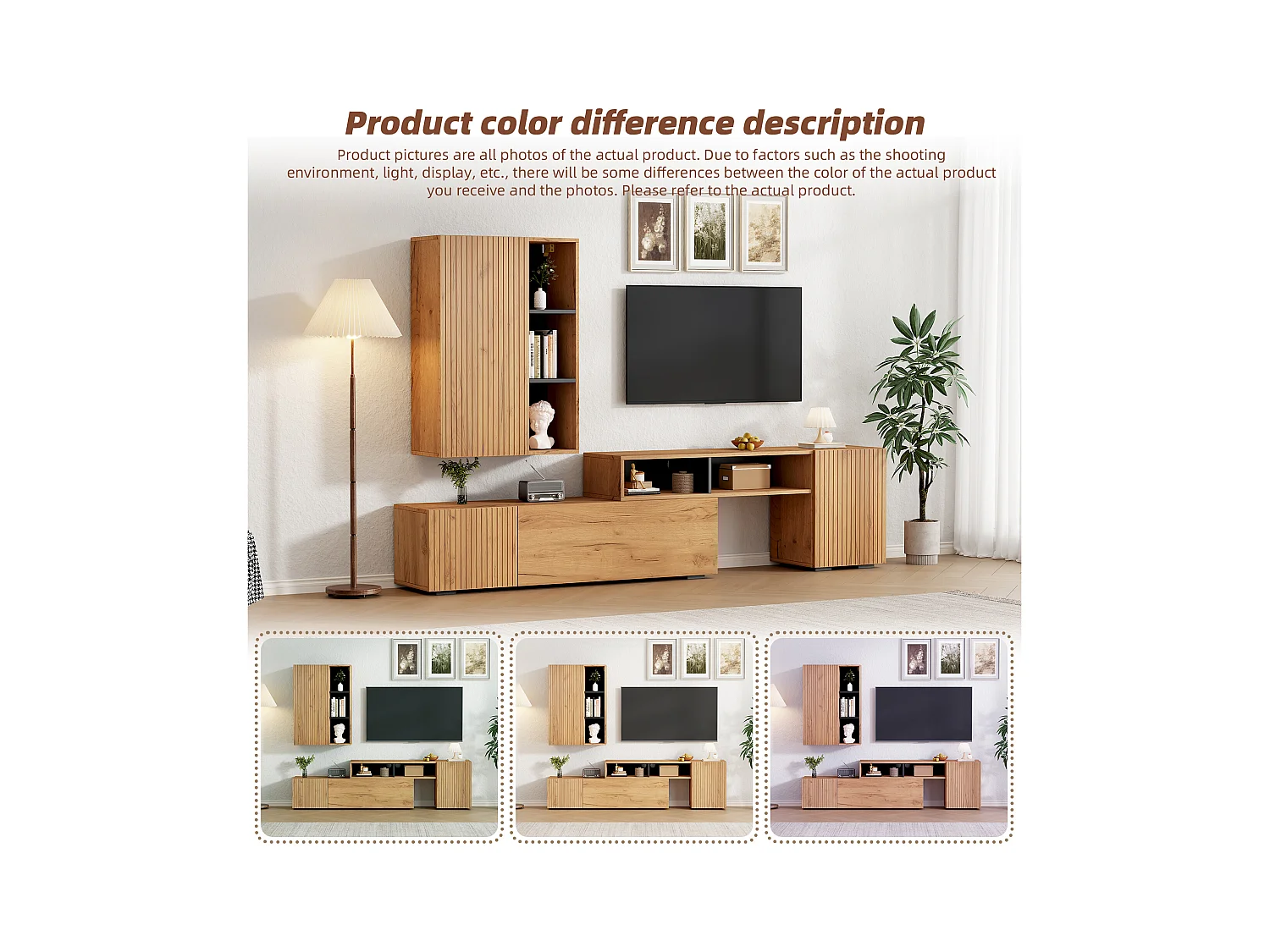 Ensemble meuble TV 2 pièces - meuble TV réglable + meuble mural - 4 porte - étagères ouvertes - naturel+noir