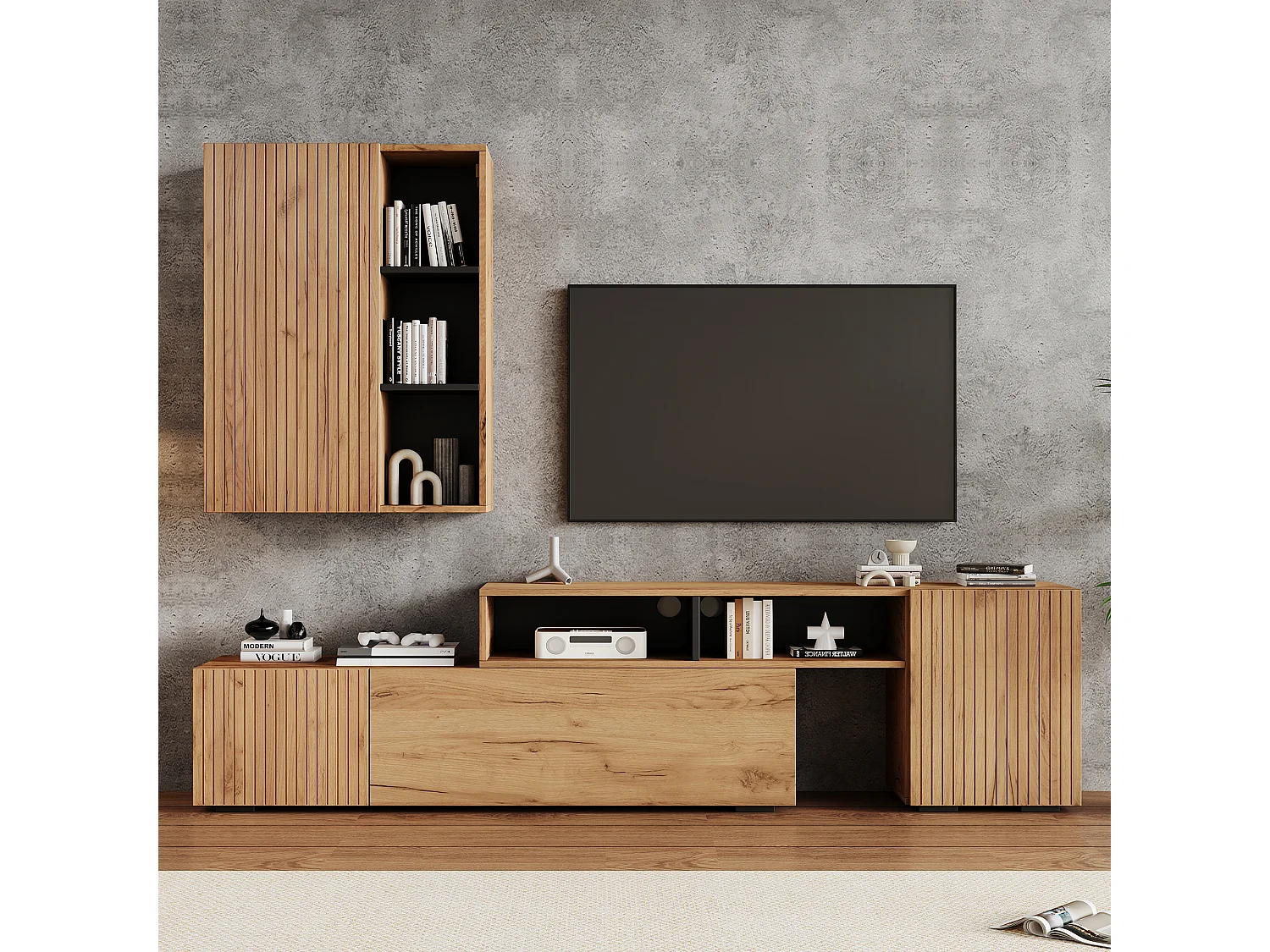 Ensemble meuble TV 2 pièces - meuble TV réglable + meuble mural - 4 porte - étagères ouvertes - naturel+noir