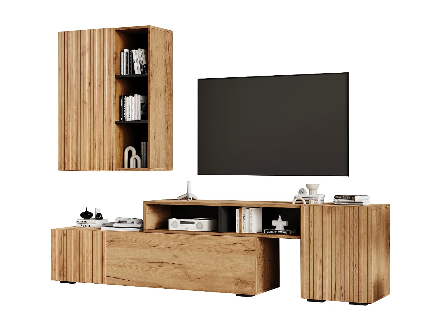 Ensemble meuble TV 2 pièces - meuble TV réglable + meuble mural - 4 porte - étagères ouvertes - naturel+noir