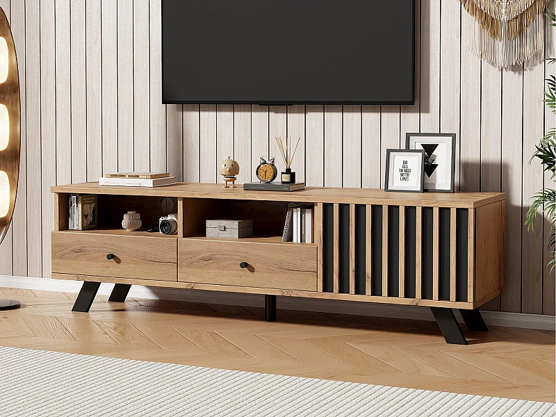 Meuble TV 150x38x44 cm - 2 tiroirs et 1 porte - 2 compartiments semi-ouverts - pour TV 60 pouces - naturel
