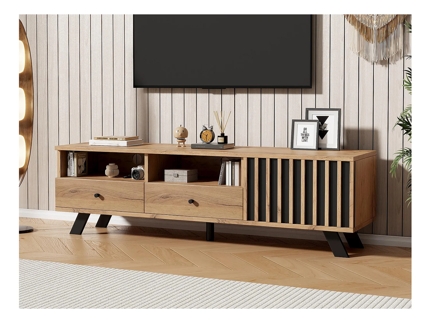 Meuble TV 150x38x44 cm - 2 tiroirs et 1 porte - 2 compartiments semi-ouverts - pour TV 60 pouces - naturel