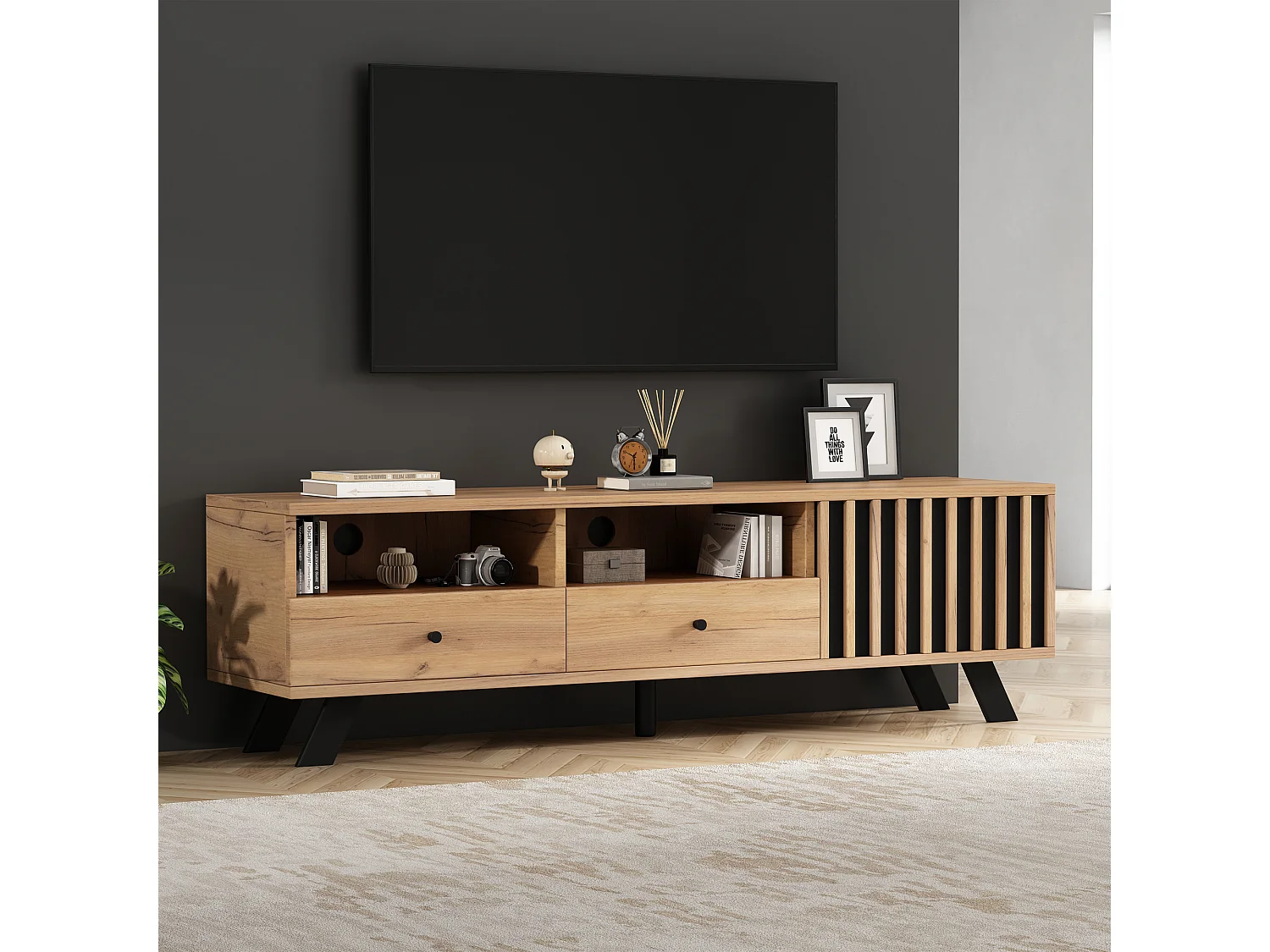 TV-meubel 150x38x44 cm - 2 lades en 1 deur - 2 halfopen vakken - voor 60-inch tv - naturel