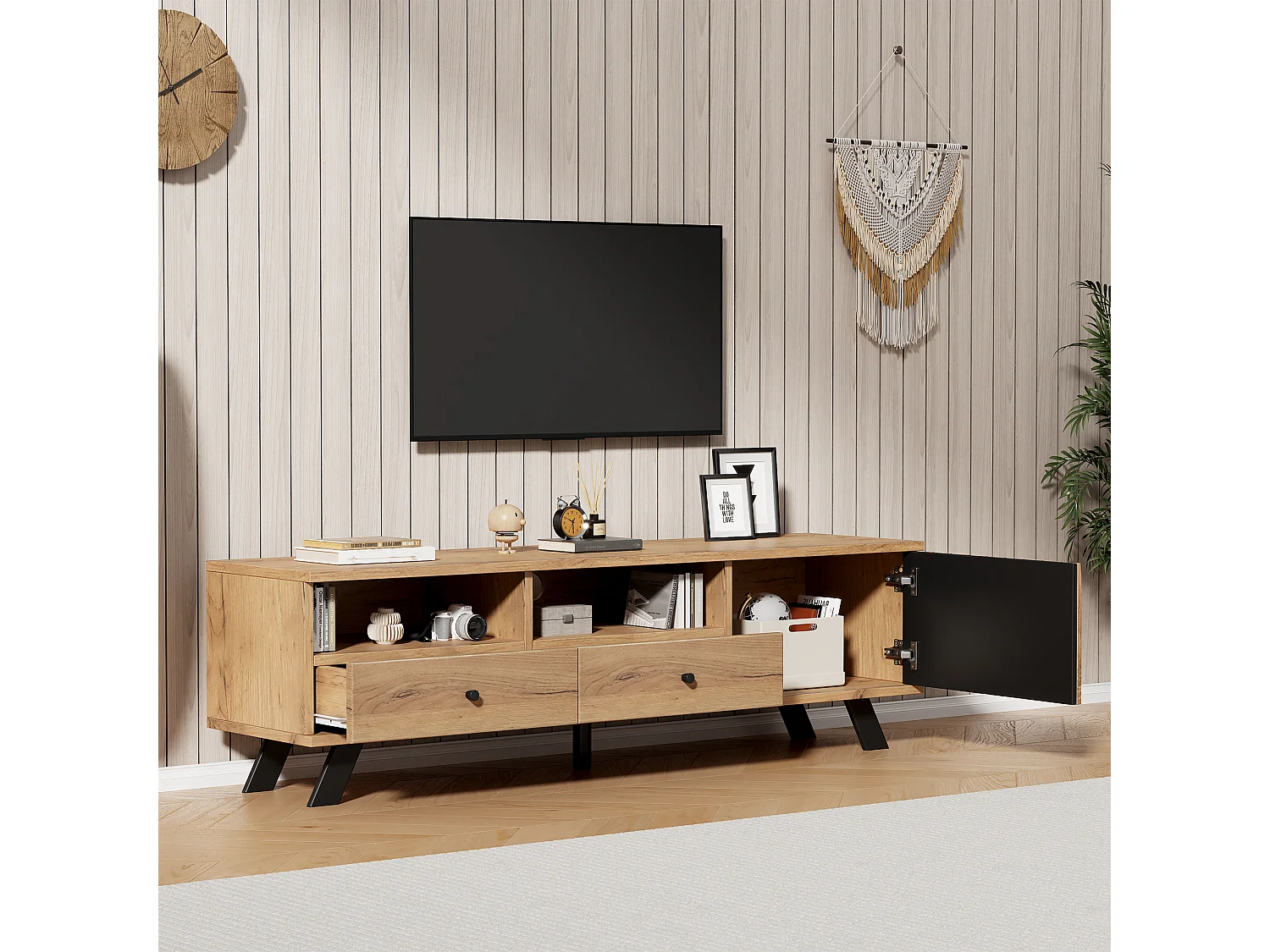 TV-meubel 150x38x44 cm - 2 lades en 1 deur - 2 halfopen vakken - voor 60-inch tv - naturel