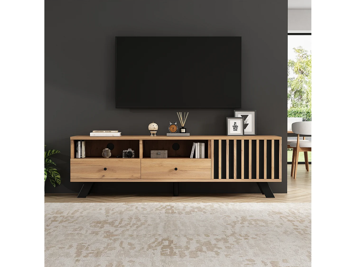 TV-meubel 150x38x44 cm - 2 lades en 1 deur - 2 halfopen vakken - voor 60-inch tv - naturel