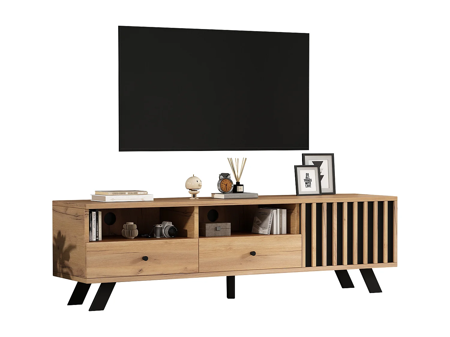 TV-meubel 150x38x44 cm - 2 lades en 1 deur - 2 halfopen vakken - voor 60-inch tv - naturel