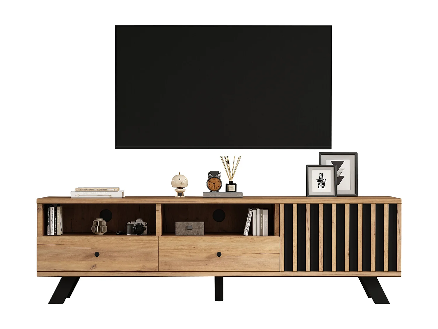 TV-meubel 150x38x44 cm - 2 lades en 1 deur - 2 halfopen vakken - voor 60-inch tv - naturel