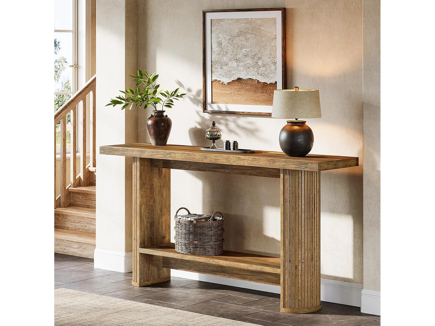 Console moderne de 140 cm, table d'entrée étroite avec rangement pour le salon