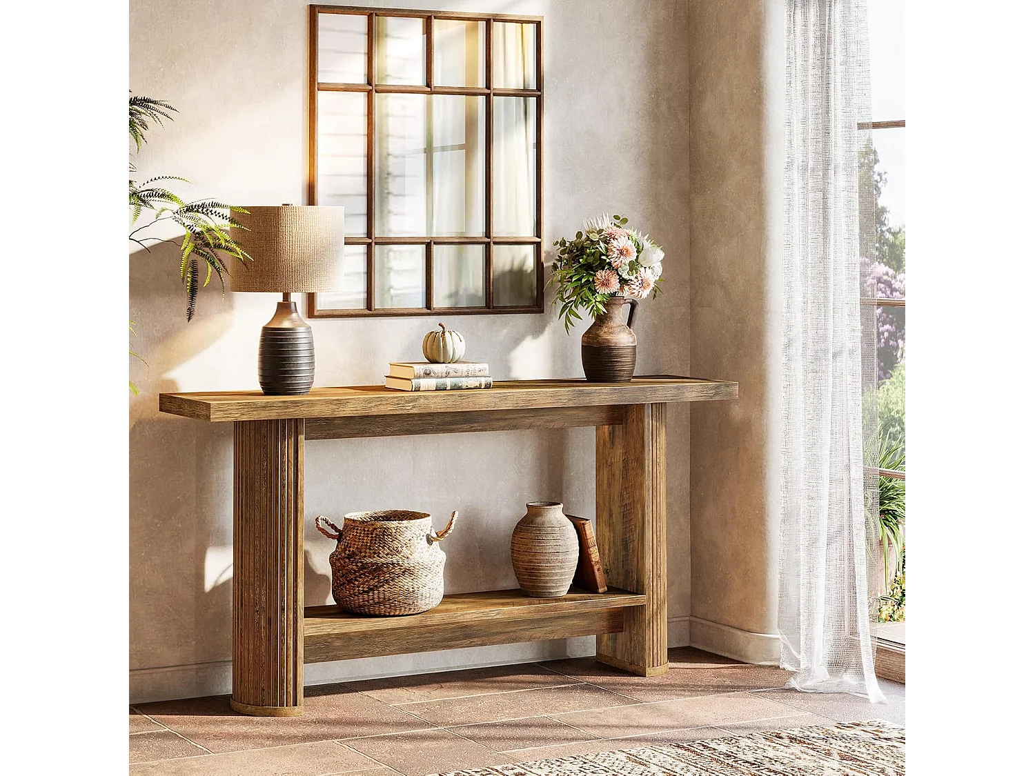 Console moderne de 140 cm, table d'entrée étroite avec rangement pour le salon