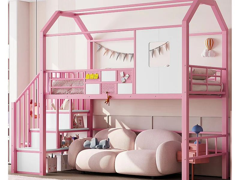 Letto mezzanina in metallo 90x200 cm - Con scala con contenitore - Con barriere di sicurezza - Design tetto - Rosa