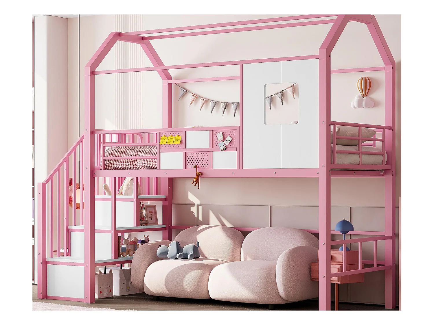 Cama alta de metal 90x200 cm - Com escada com armazenamento - Com barras de segurança - Design de telhado - Rosa