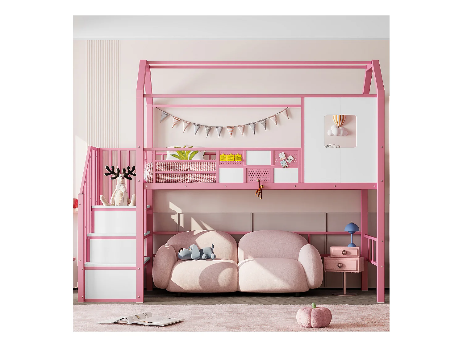 Cama alta de metal 90x200 cm - Com escada com armazenamento - Com barras de segurança - Design de telhado - Rosa