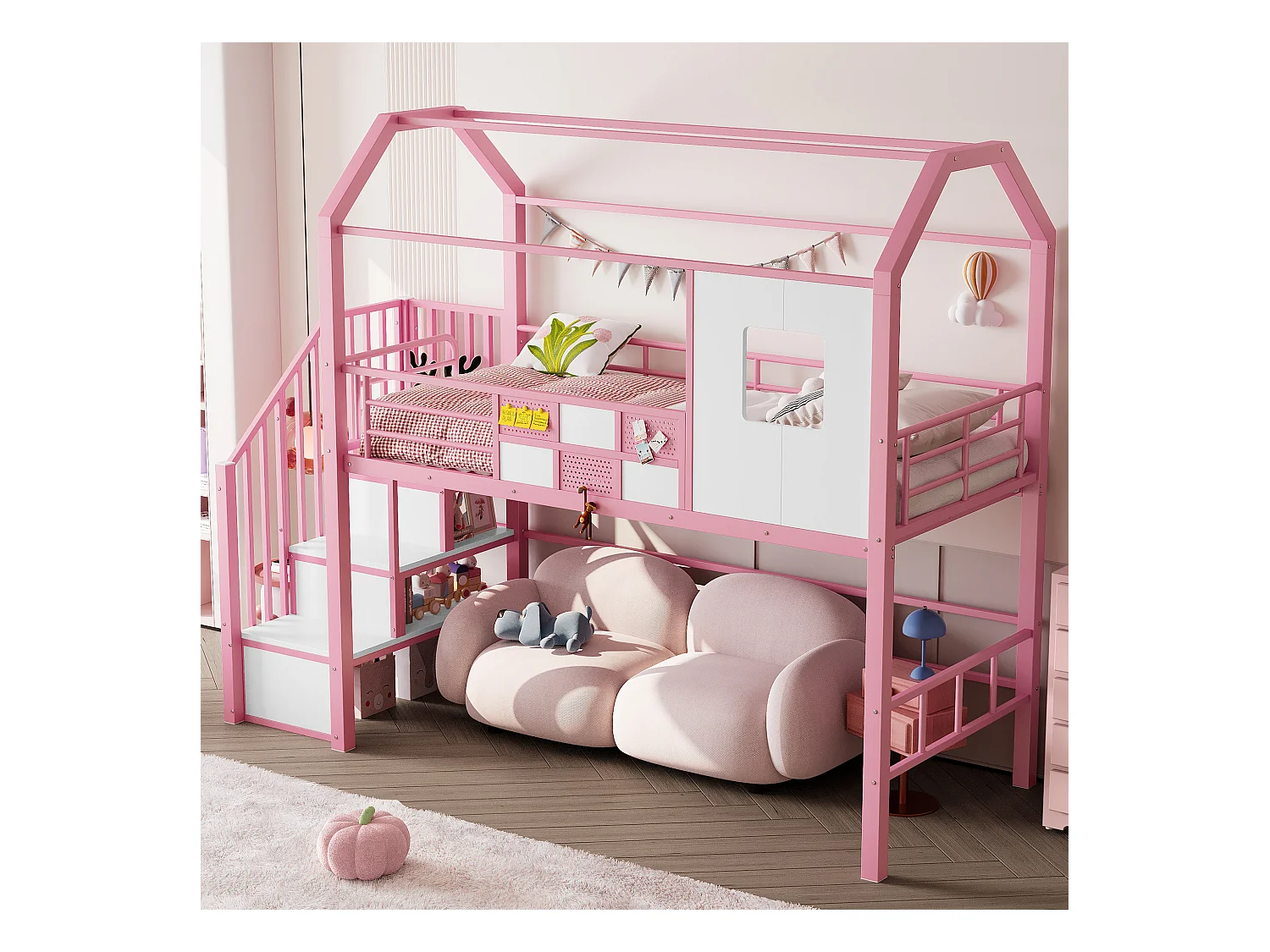 Cama alta de metal 90x200 cm - Com escada com armazenamento - Com barras de segurança - Design de telhado - Rosa