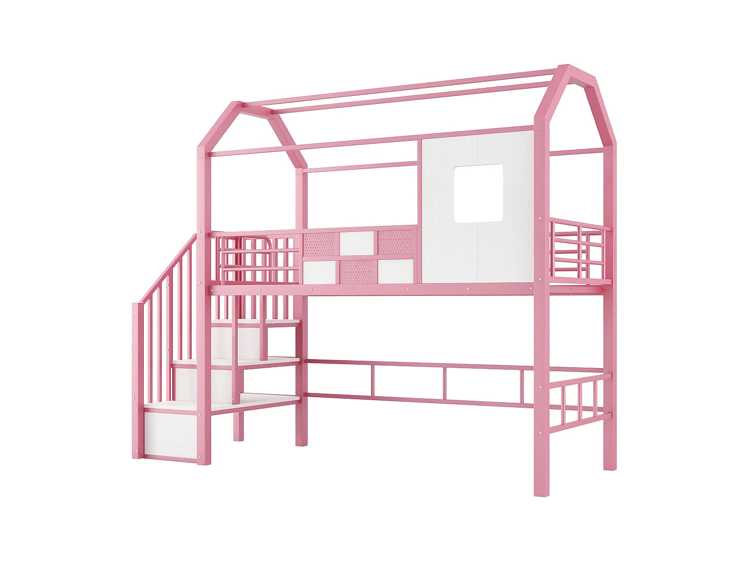 Cama alta de metal 90x200 cm - Com escada com armazenamento - Com barras de segurança - Design de telhado - Rosa